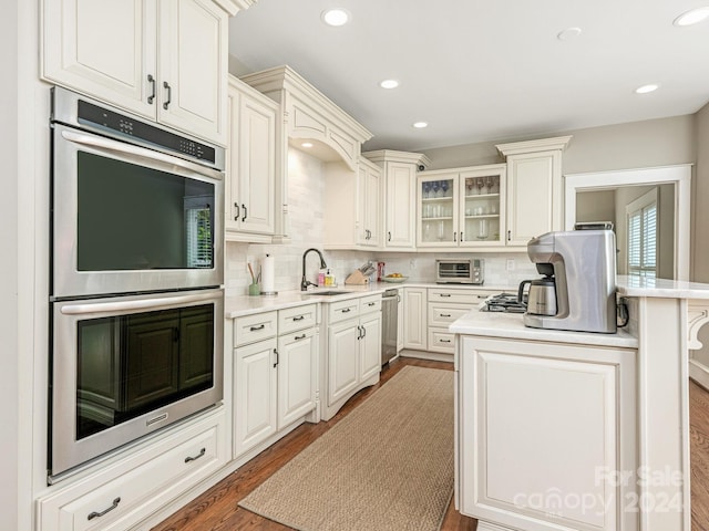 kitchen with stainless steel appliances, sink, dark hardwood / wood-style floors, and backsplash