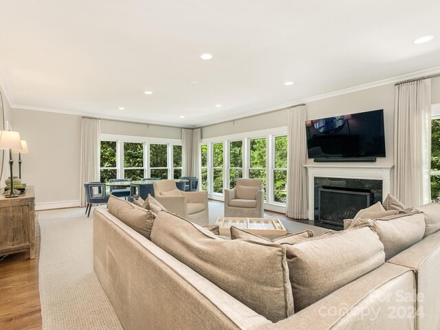 living room with a wealth of natural light, light hardwood / wood-style flooring, ornamental molding, and a premium fireplace