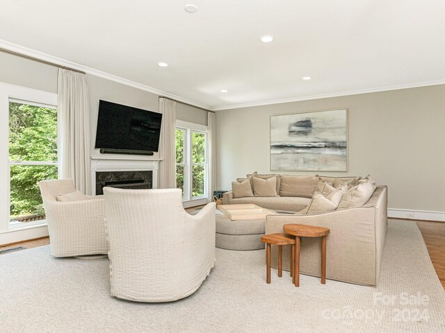 living room featuring a premium fireplace, ornamental molding, and hardwood / wood-style flooring