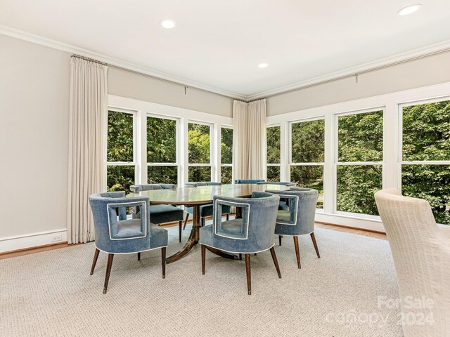 dining area with ornamental molding, hardwood / wood-style flooring, and a healthy amount of sunlight