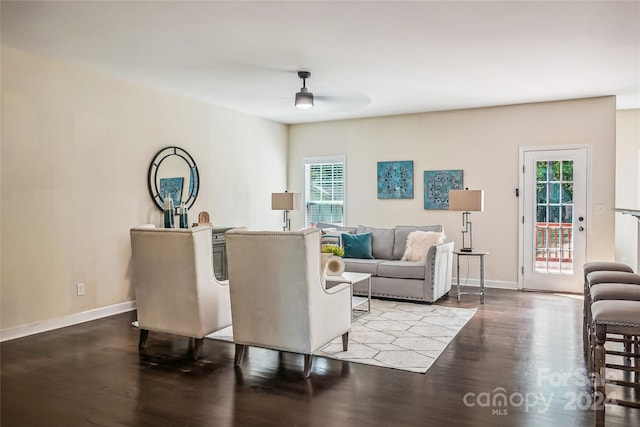 living room with ceiling fan and hardwood / wood-style floors