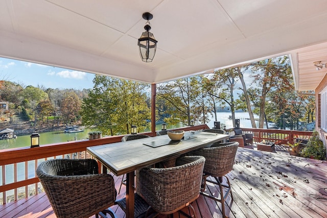 deck featuring a water view