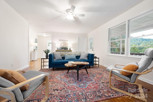 living room featuring ceiling fan and hardwood / wood-style flooring