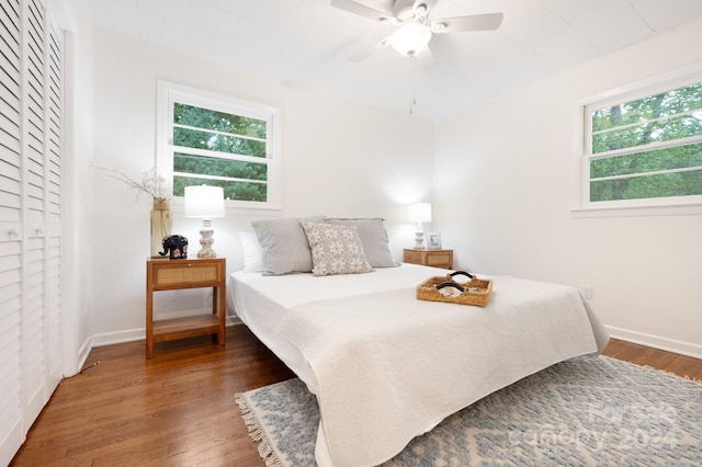 bedroom featuring a closet, ceiling fan, and dark hardwood / wood-style floors