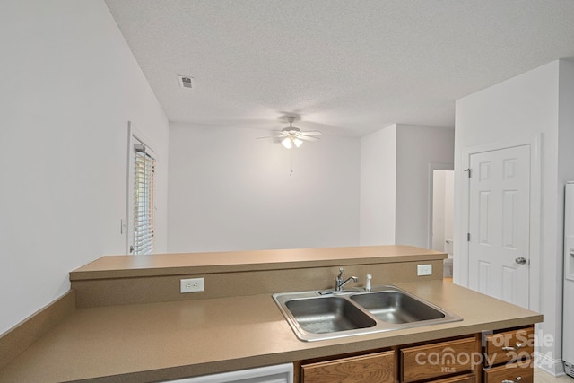 kitchen featuring a textured ceiling, ceiling fan, and sink