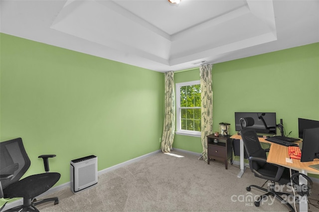 office featuring carpet, visible vents, a raised ceiling, and baseboards