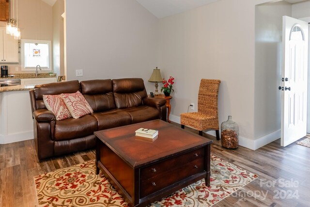 living room with dark wood-type flooring, high vaulted ceiling, and sink