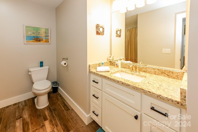 bathroom with wood-type flooring, toilet, and vanity