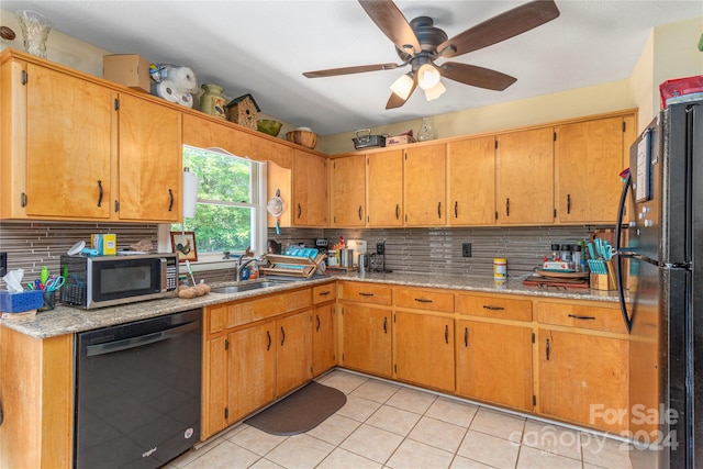 kitchen with light tile patterned floors, sink, black appliances, ceiling fan, and decorative backsplash