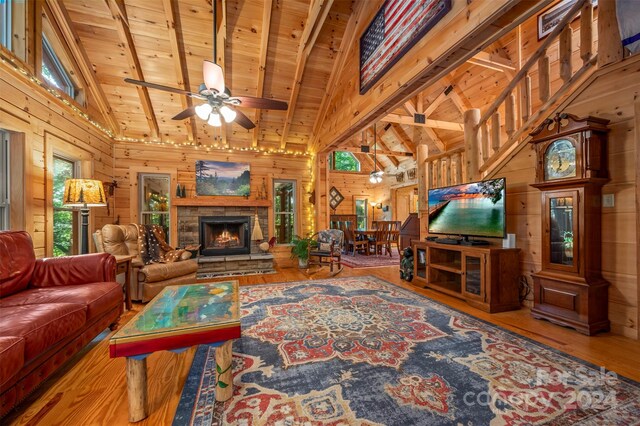 living room featuring wood walls, wood-type flooring, wood ceiling, and beam ceiling