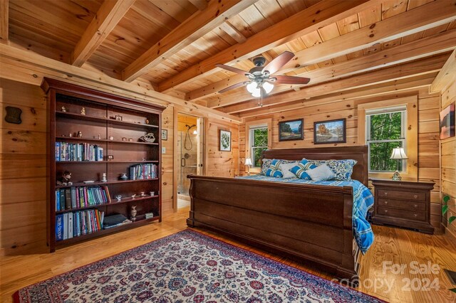 bedroom featuring hardwood / wood-style flooring, wooden walls, beam ceiling, and wooden ceiling