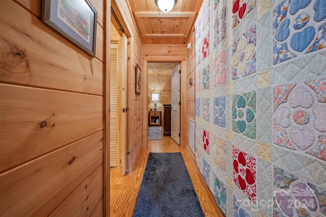 hall featuring wood walls and hardwood / wood-style flooring