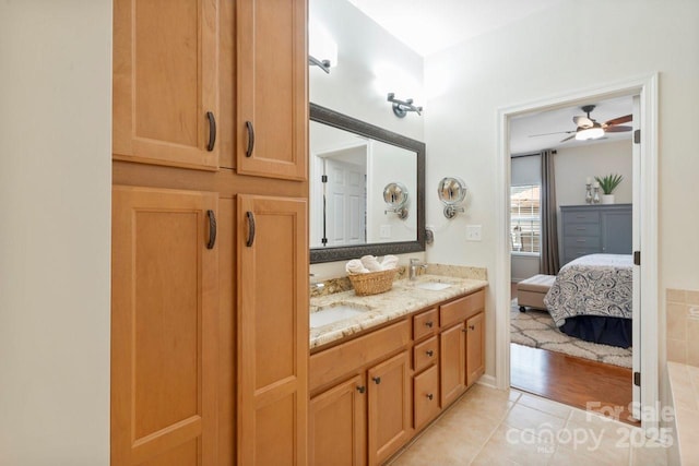 bathroom featuring tile patterned flooring, vanity, and ceiling fan