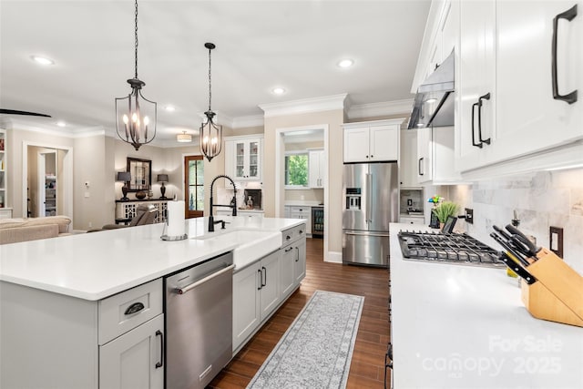 kitchen featuring a kitchen island with sink, a sink, dark wood finished floors, stainless steel appliances, and white cabinets