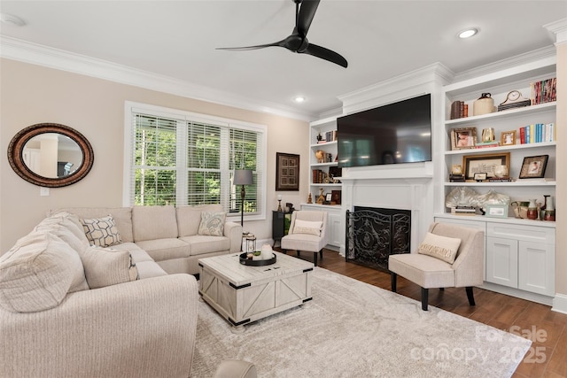 859 Irish Creek Dr, Landis, NC 28088 - living room with ceiling fan, wood finished floors, ornamental molding, a fireplace, and recessed lighting