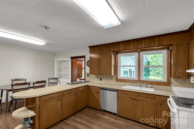 kitchen with light hardwood / wood-style flooring, kitchen peninsula, sink, electric range, and stainless steel dishwasher