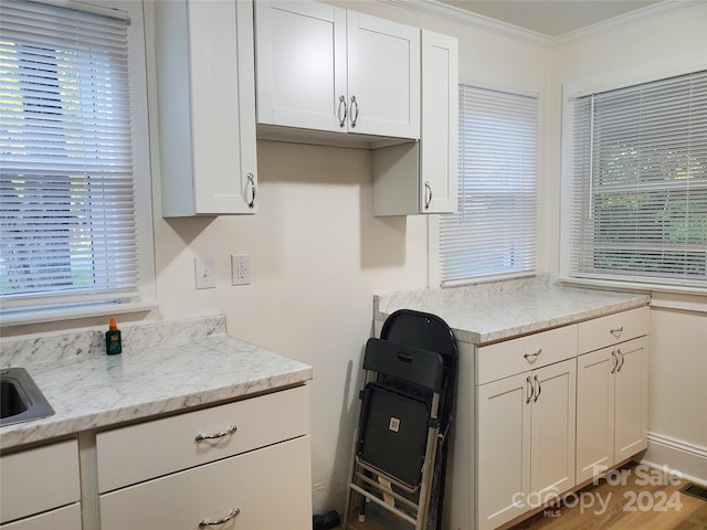 kitchen featuring a wealth of natural light, crown molding, and white cabinets