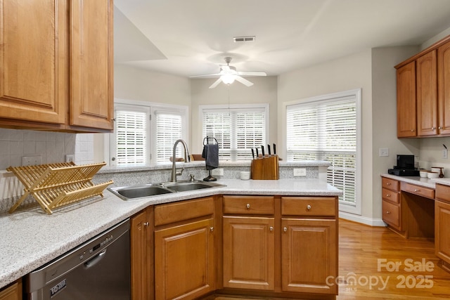 kitchen featuring a ceiling fan, a sink, a peninsula, light countertops, and dishwashing machine