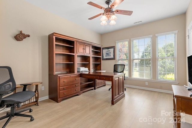 office area featuring light wood-type flooring, ceiling fan, and a wealth of natural light