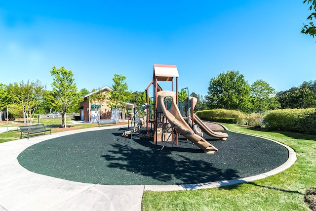 view of play area featuring a lawn