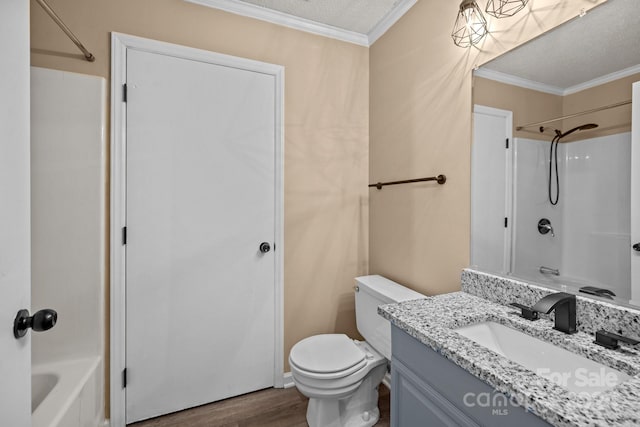 bathroom featuring shower / bath combination, ornamental molding, a textured ceiling, and wood finished floors