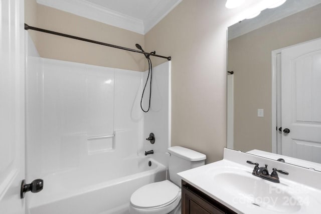 full bathroom featuring crown molding, shower / bath combination, vanity, and toilet