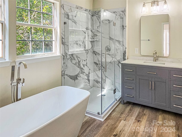 bathroom with plenty of natural light, hardwood / wood-style flooring, vanity, and plus walk in shower