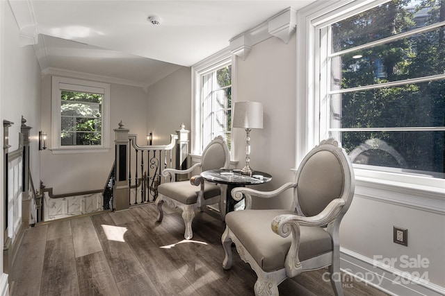 sitting room with hardwood / wood-style floors and ornamental molding