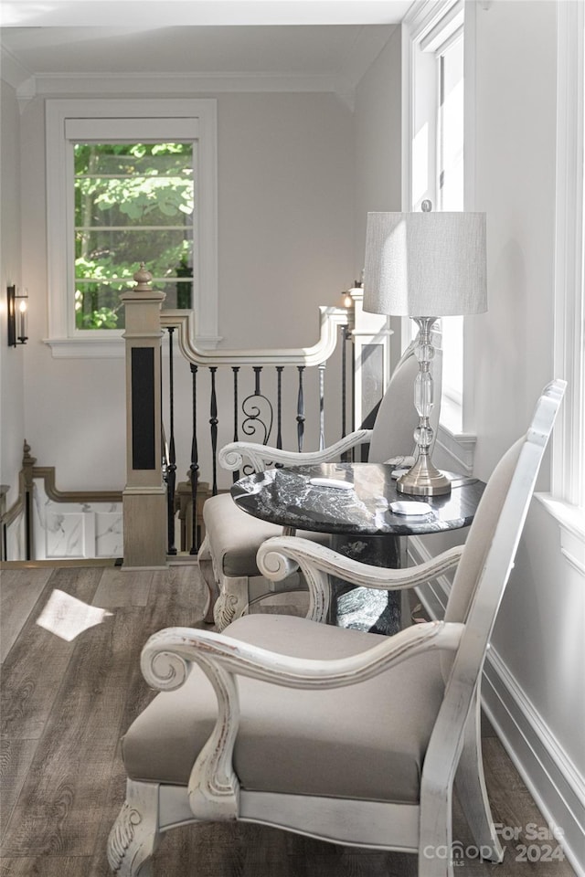 interior space with crown molding, hardwood / wood-style flooring, and a wealth of natural light