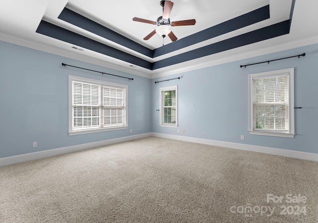 spare room featuring a tray ceiling, baseboards, carpet, and visible vents
