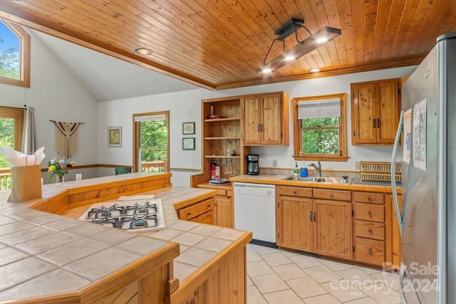 kitchen with tile countertops, white appliances, a wealth of natural light, and sink