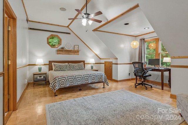 bedroom with light parquet floors and ceiling fan