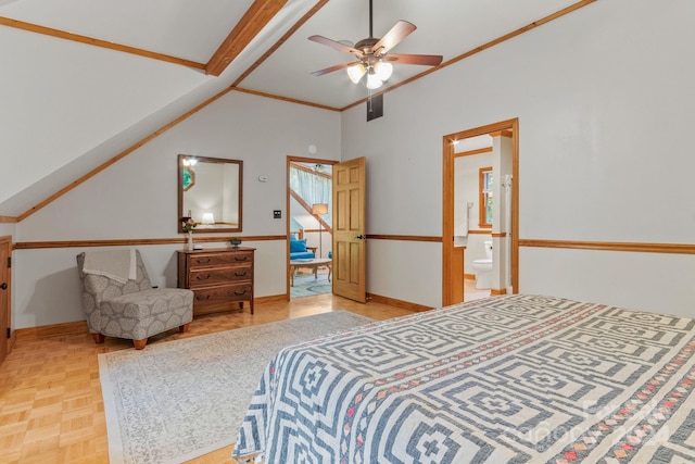 bedroom featuring ceiling fan, ensuite bathroom, lofted ceiling with beams, and light parquet floors