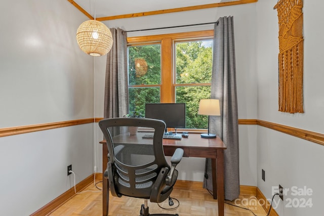 home office with light parquet flooring