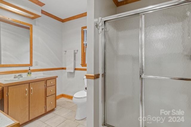 bathroom with an enclosed shower, toilet, ornamental molding, and vanity