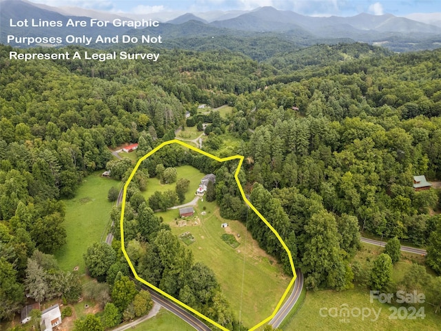 aerial view featuring a mountain view and a view of trees