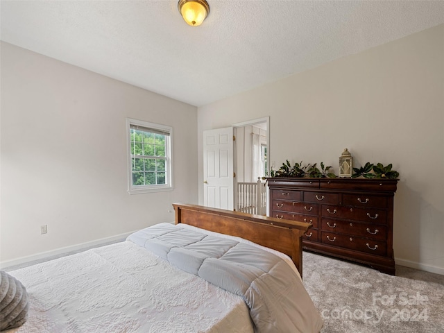 bedroom featuring a textured ceiling, carpet flooring, and baseboards
