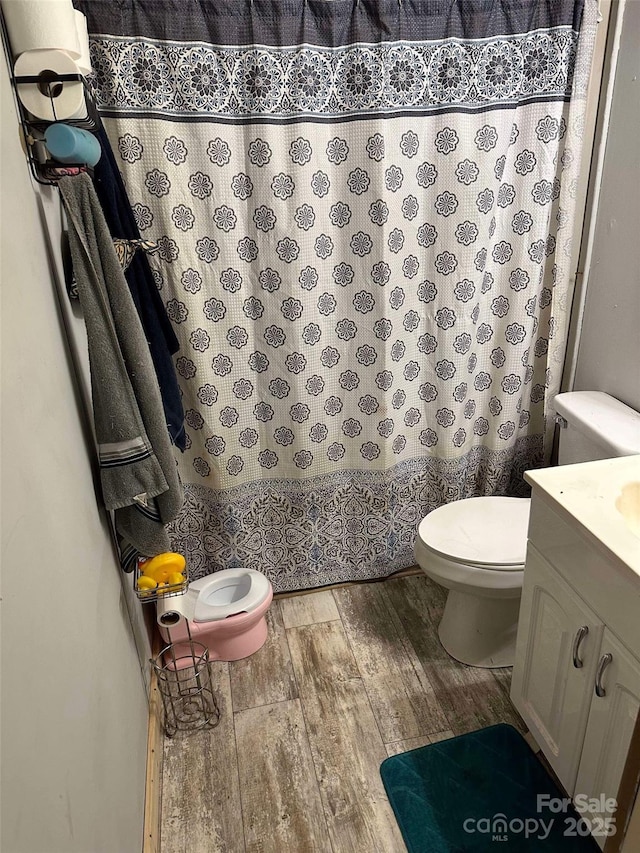 bathroom with toilet, hardwood / wood-style floors, and vanity