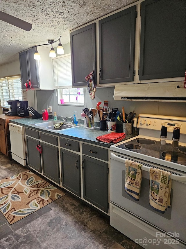 kitchen featuring plenty of natural light, sink, white appliances, and range hood