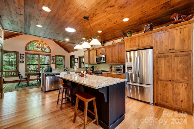 kitchen featuring hanging light fixtures, light hardwood / wood-style flooring, appliances with stainless steel finishes, and wooden ceiling