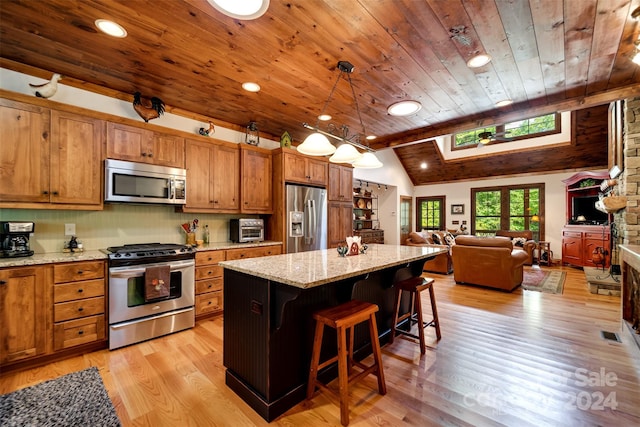 kitchen with stainless steel appliances, a kitchen island, vaulted ceiling with beams, wood ceiling, and light hardwood / wood-style floors