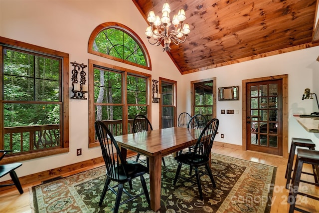 dining room with high vaulted ceiling, an inviting chandelier, light wood-type flooring, and wooden ceiling