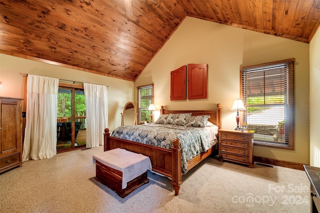 bedroom featuring high vaulted ceiling, light colored carpet, access to exterior, and wooden ceiling