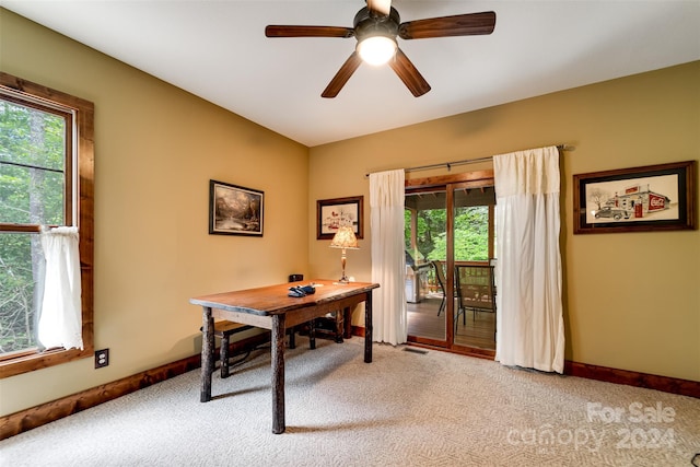 office with plenty of natural light, ceiling fan, and light colored carpet