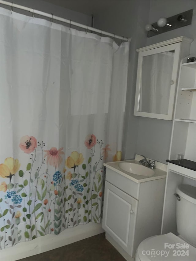 bathroom with vanity, toilet, and a shower with curtain