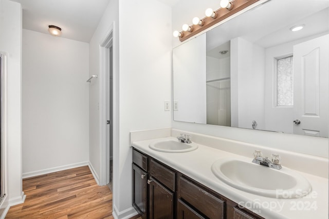 bathroom with vanity, wood-type flooring, and walk in shower