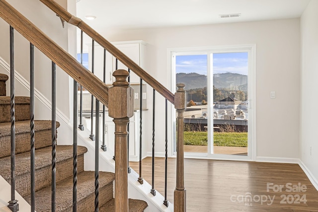 stairway with a mountain view and hardwood / wood-style flooring