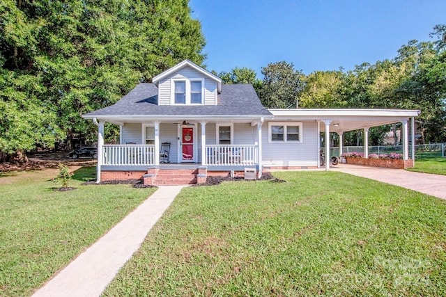 view of front of house featuring a front yard, covered porch, and a carport