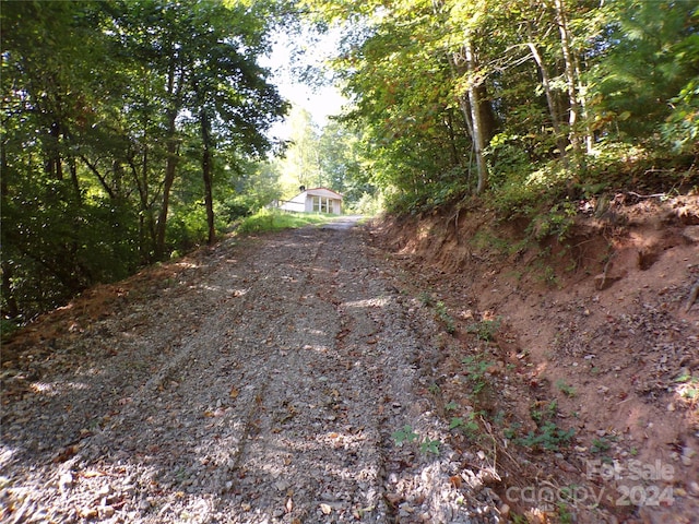 view of street with driveway and a wooded view