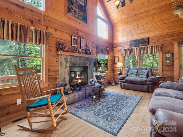 living area with a stone fireplace, wood walls, and a healthy amount of sunlight